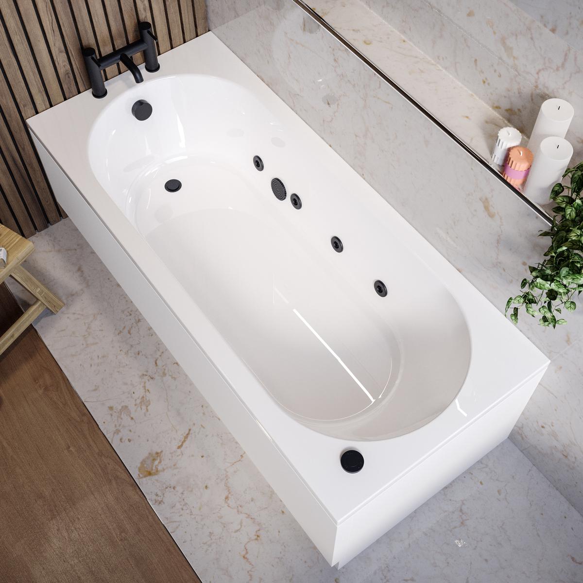 Single Ended Whirlpool Spa Bath with 8 Matt Black Whirlpool Jets 1700 x 750mm - Alton