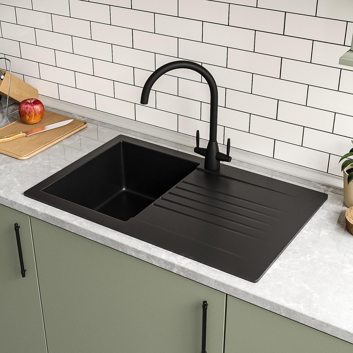 Single Bowl Inset Black Composite Square Kitchen Sink with Reversible Drainer - Essence Amelia