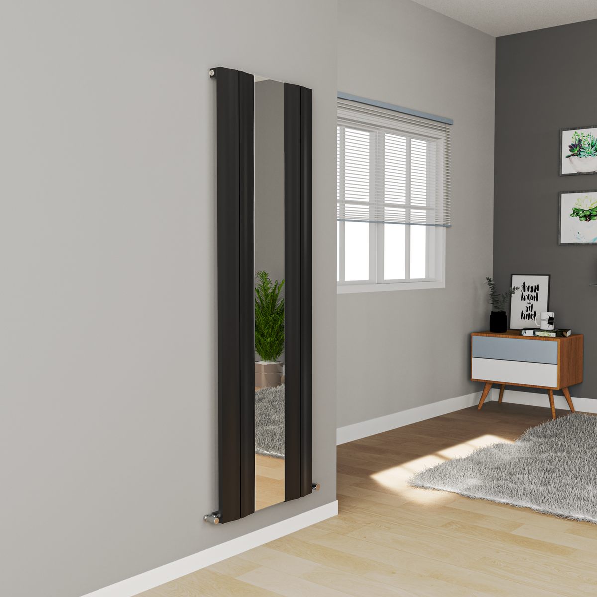 Refurbished Eco Specchio Midnight Black Vertical Wave Mirror Designer Aluminium Radiator 1800x550mm Single Panel 3387 BTU