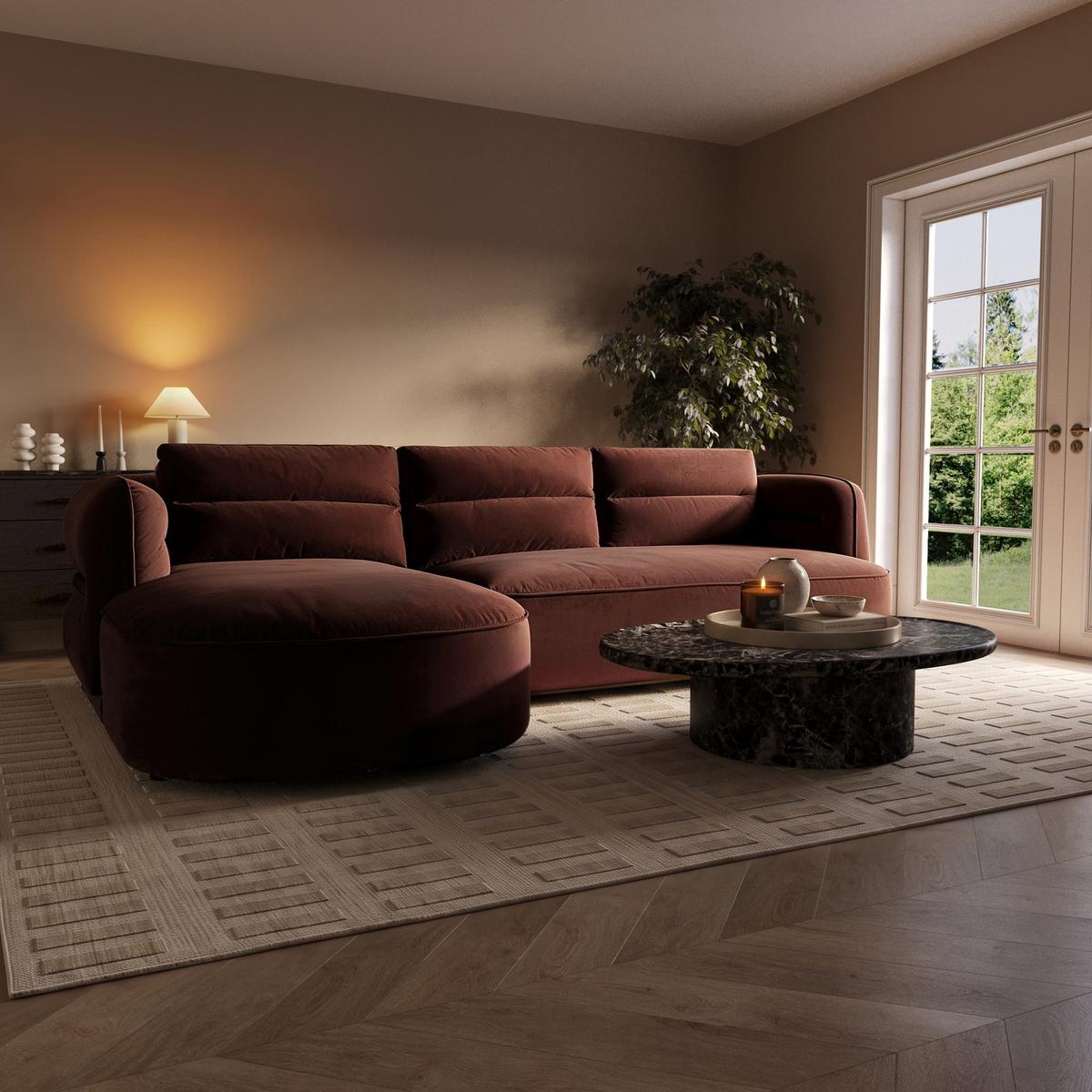 Dark Rust Velvet 4 Seater Left Hand L-Shape Chaise Corner Sofa - Bodhi