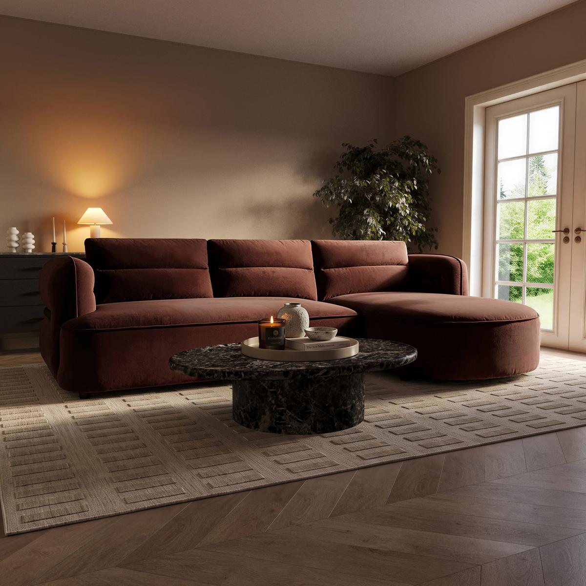 Dark Rust Velvet 4 Seater Right Hand L-Shape Chaise Corner Sofa - Bodhi