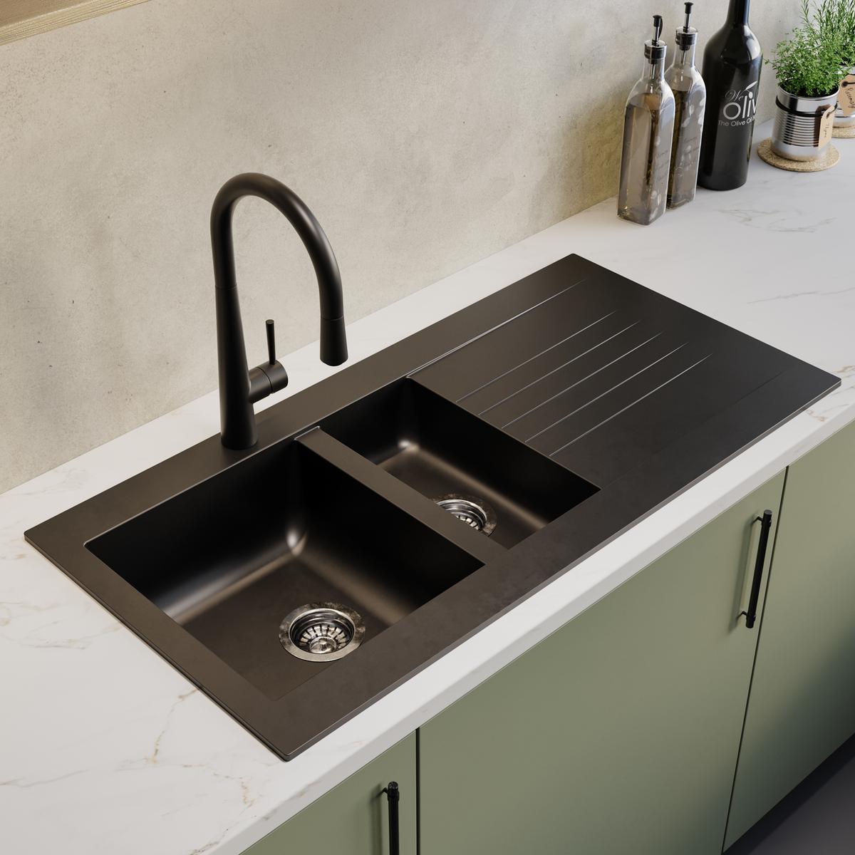 1.5 Bowl Inset Black Composite Kitchen Sink with Reversible Drainer - Essence Amelia