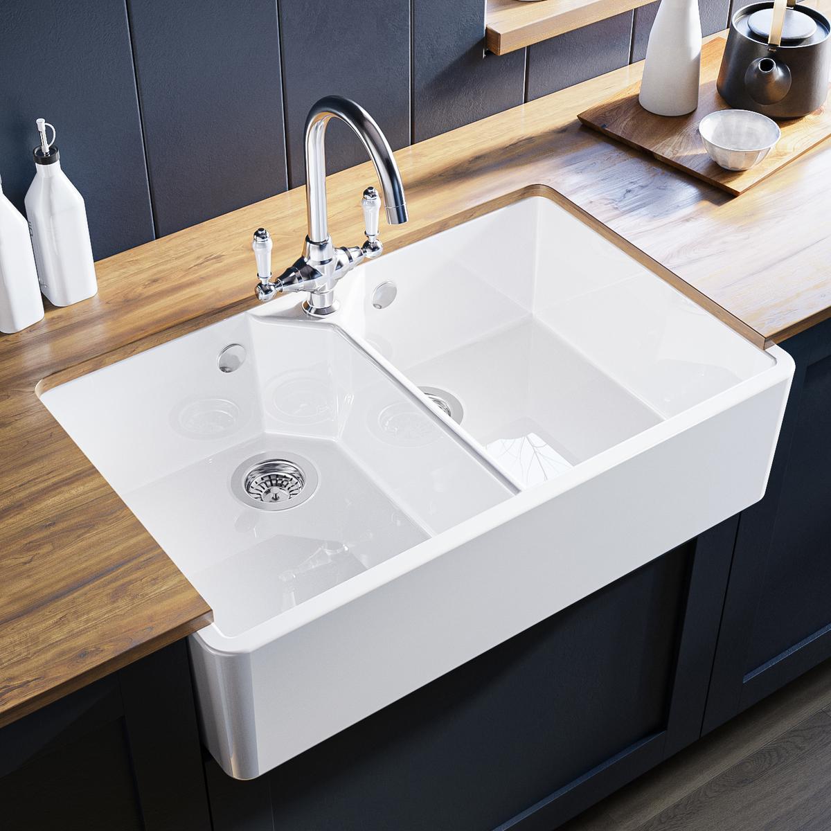 Double Bowl White Ceramic Undermount Belfast Kitchen Sink - Taylor & Moore Ada