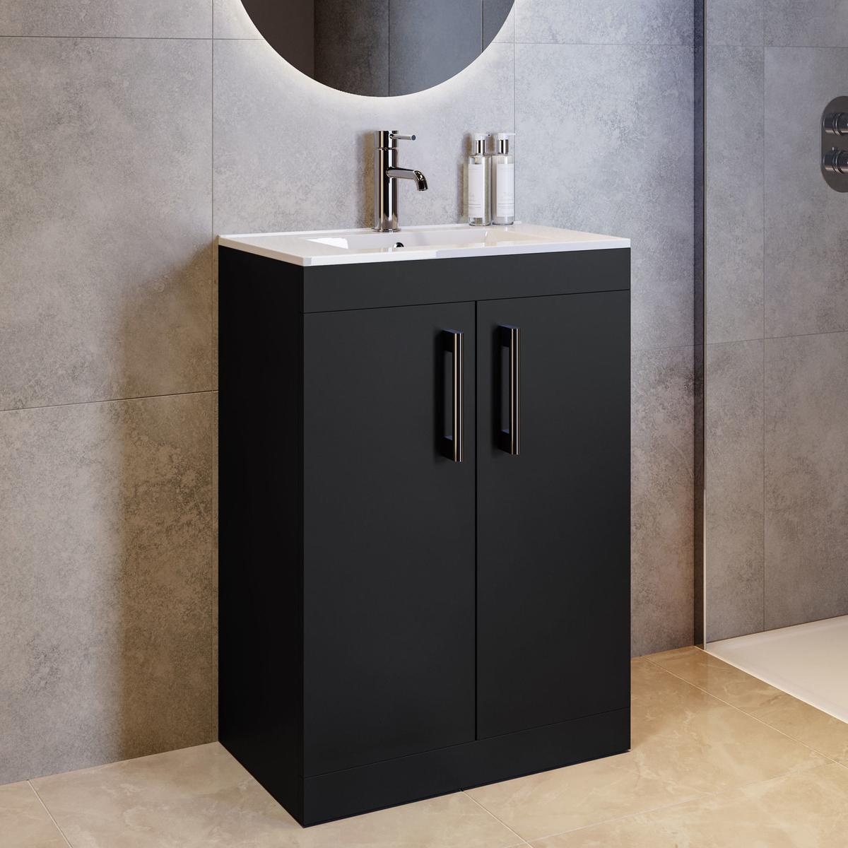 600mm Black Freestanding Vanity Unit with Basin and Chrome Handles - Ashford