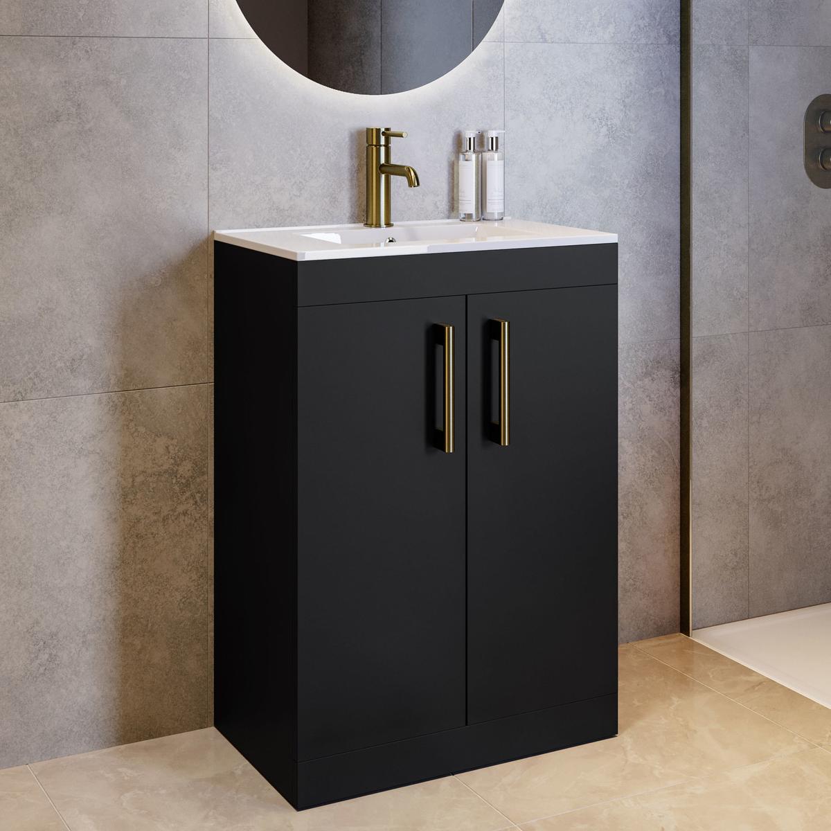 600mm Black Freestanding Vanity Unit with Basin and Brass Handles - Ashford