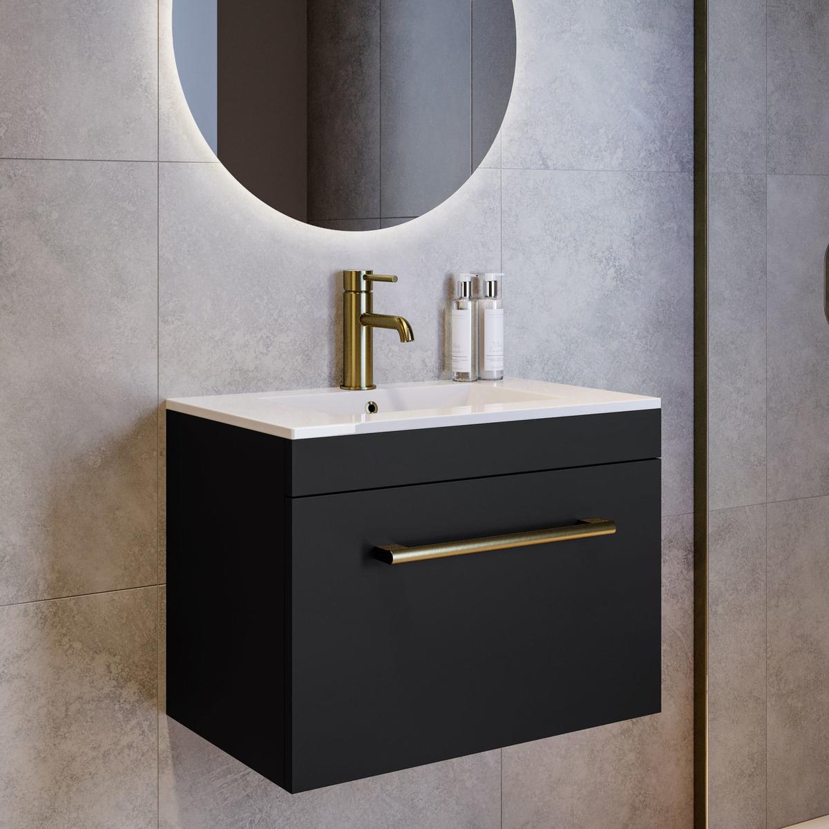 600mm Black Wall Hung Vanity Unit with Basin and Brass Handle - Ashford