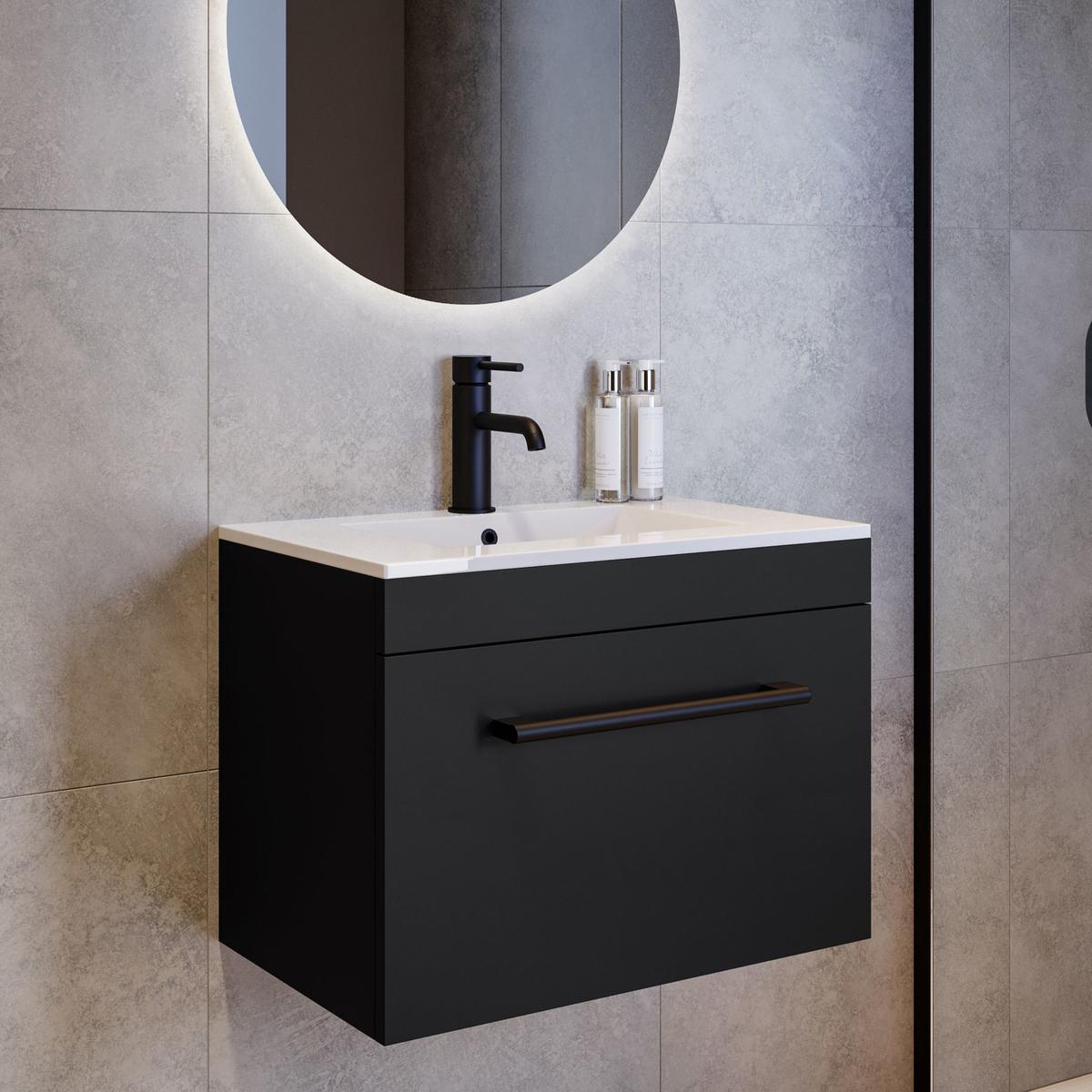 600mm Black Wall Hung Vanity Unit with Basin and Black Handle - Ashford