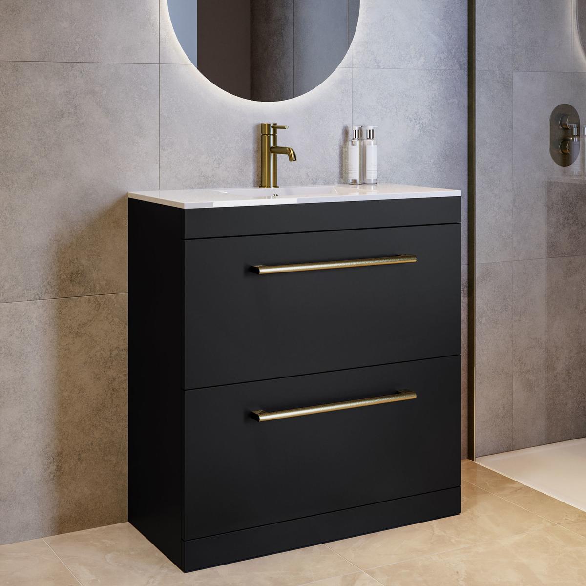 800mm Black Freestanding Vanity Unit with Basin and Brass Handles - Ashford