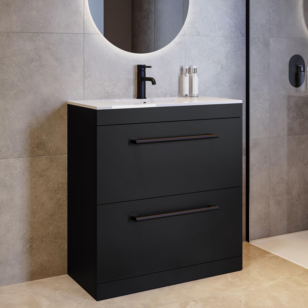 800mm Black Freestanding Vanity Unit with Basin and Black Handles - Ashford