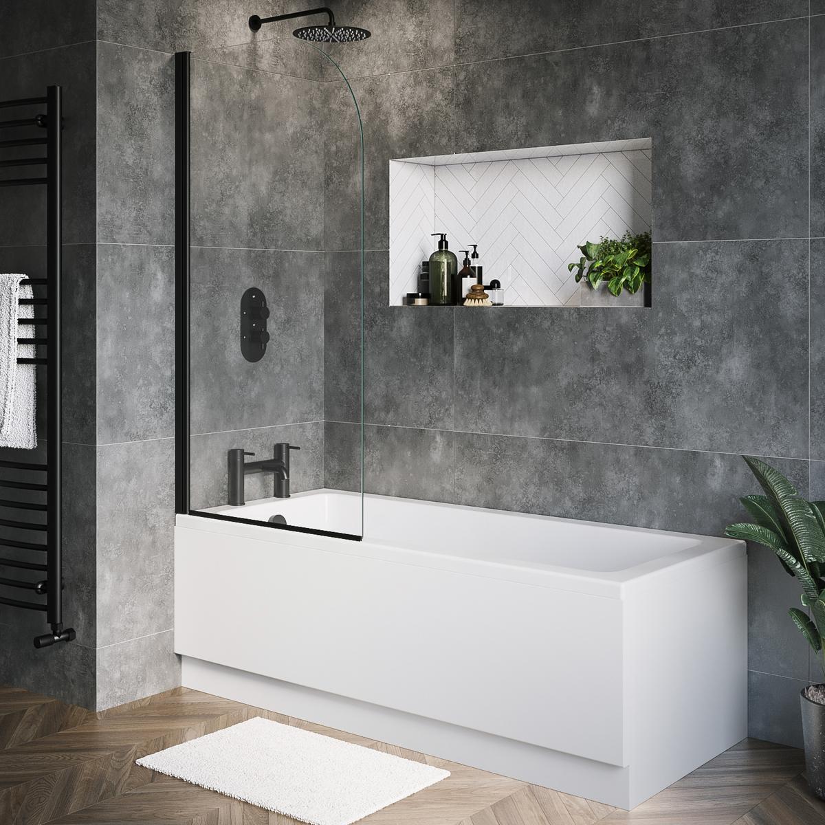 Single Ended Shower Bath with Front Panel & Black Bath Screen 1600 x 700mm - Rutland
