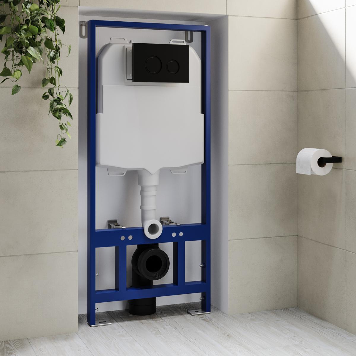 1168mm Wall Hung Toilet Frame & Black Mechanical Flush Plate with Concealed Cistern - Zana