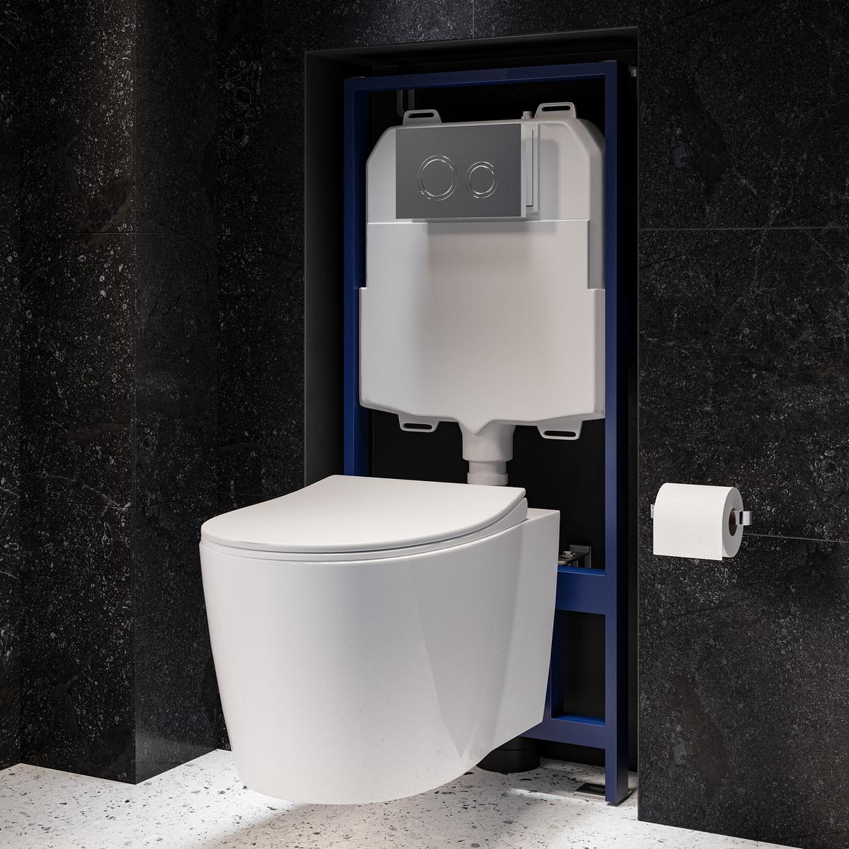 Wall Hung Rimless Toilet with Soft Close Seat, Chrome Mechanical Flush Plate, 1168mm Frame & Cistern – Alcor