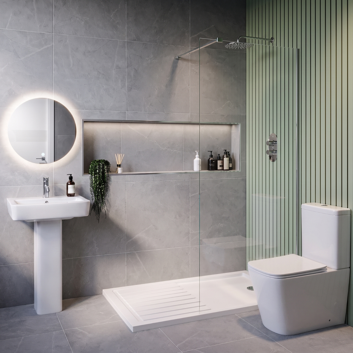 1400 x 900mm Chrome Walk in Shower Enclosure Suite with Toilet and Basin - Corvus