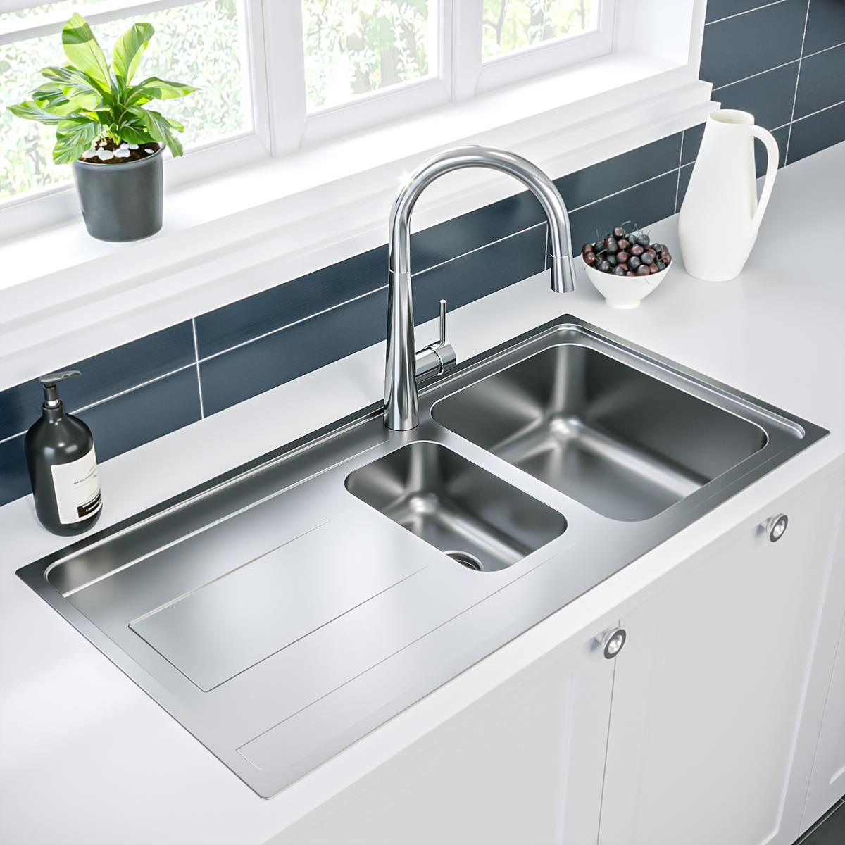 1.5 Bowl Chrome Stainless Steel Reversible Inset Kitchen Sink with Pull Out Mixer Tap Set - Enza