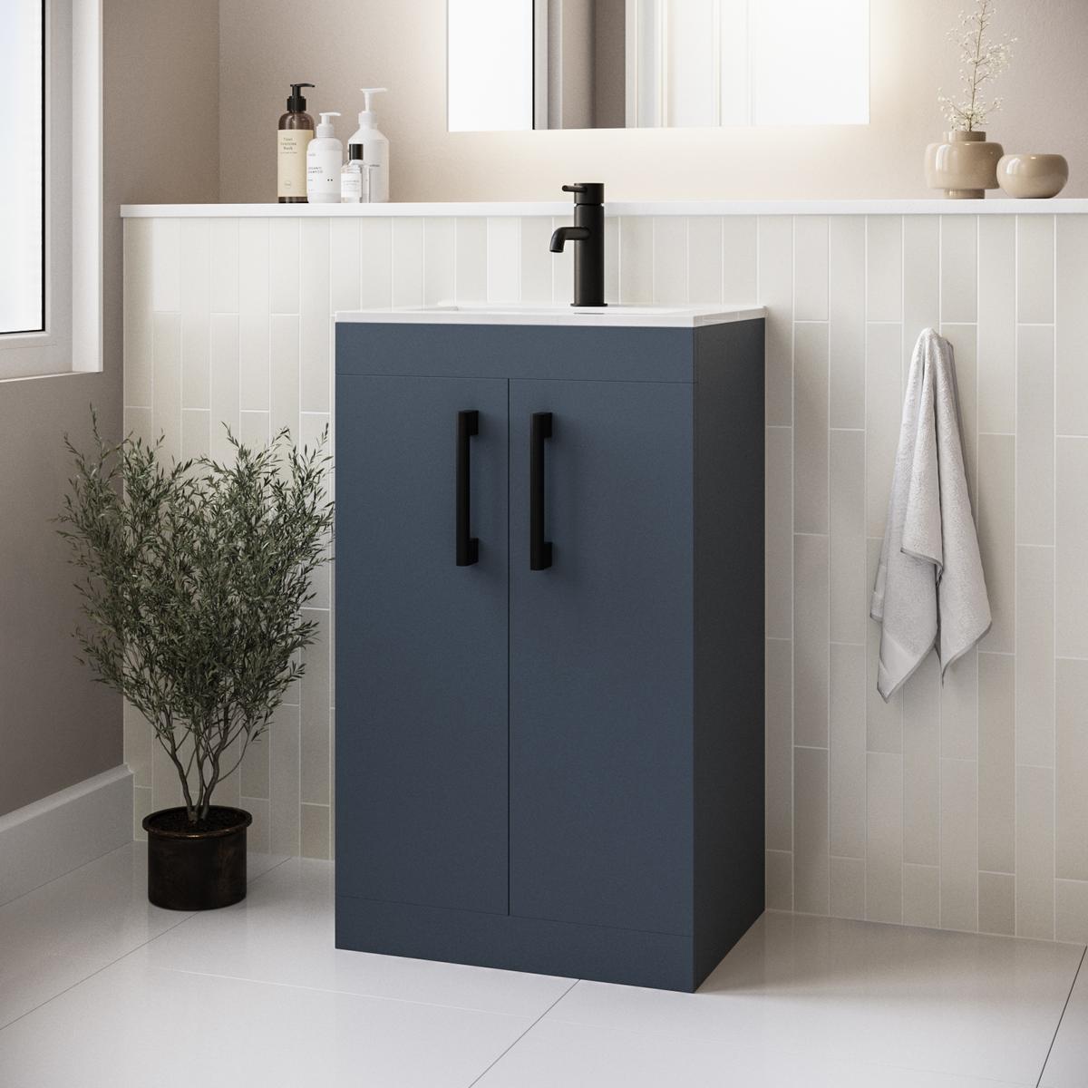 500mm Blue Freestanding Vanity Unit with Basin and Black Handles - Ashford