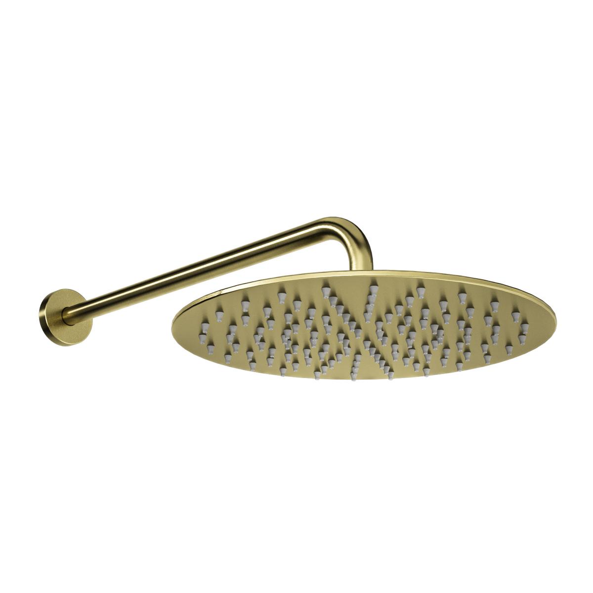 Brushed Brass 250mm Round Rainfall Shower Head & Wall Arm - Arissa