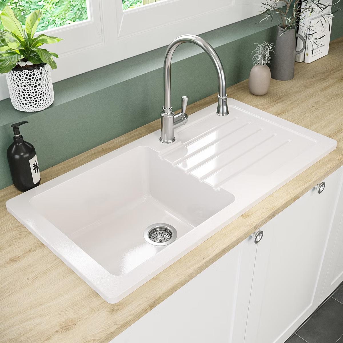 Single Bowl Inset White Ceramic Kitchen Sink with Reversible Drainer - Taylor & Moore Alexandra