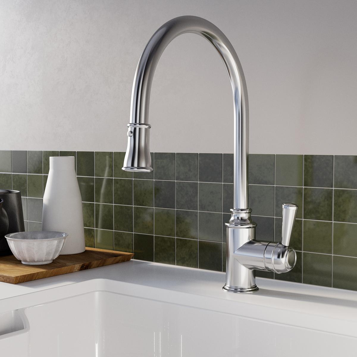 Chrome Single Lever Pull Out Traditional Monobloc Kitchen Mixer Tap - Enza Evelyn