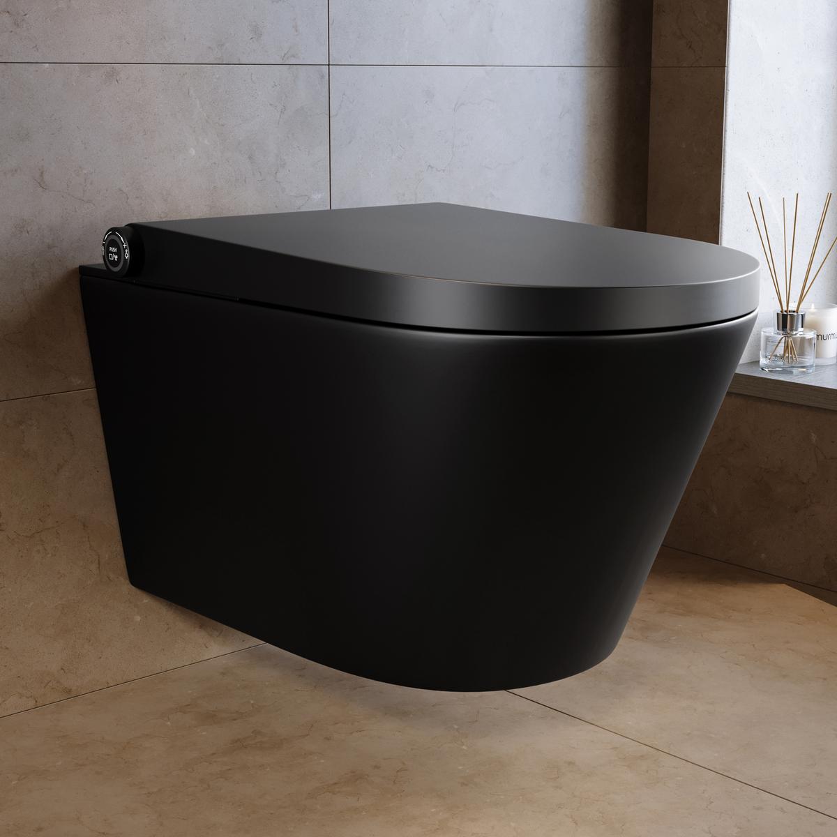 Matt Black Wall Hung Smart Bidet with, Gloss White Pneumatic Flush Plate, 820mm Frame & Cistern – Purificare