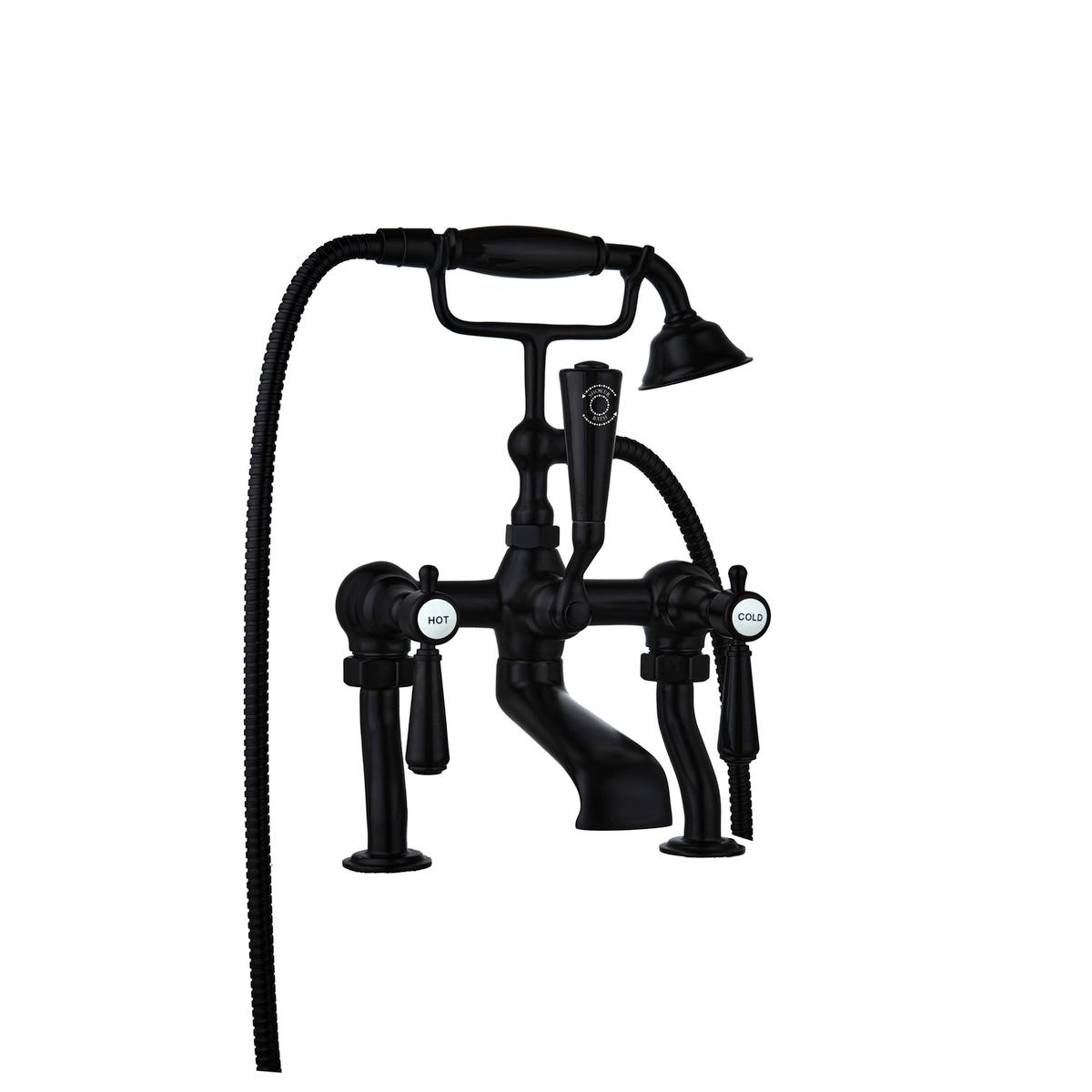 Black Freestanding Bath Shower Mixer Tap with Stand Pipes - Helston