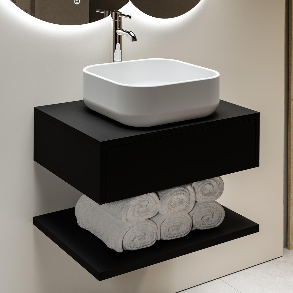 ONLY OPENED - 600mm Black Wall Hung Countertop Vanity Unit with Basin and Shelf - Lugo