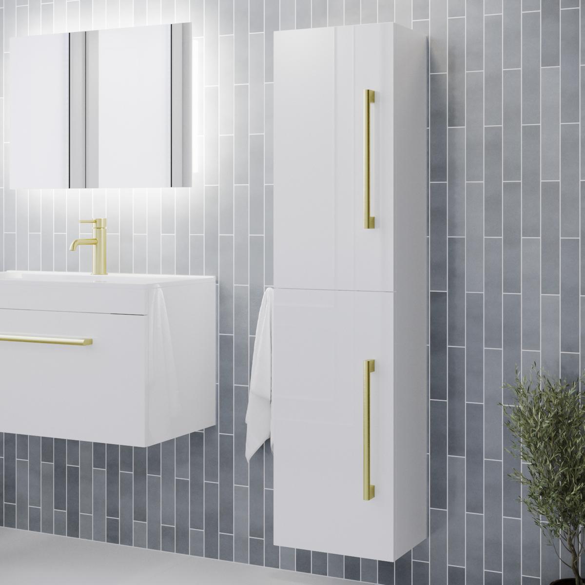 ALMOST PERFECT - Double Door White Wall Hung Tall Bathroom Cabinet with Brushed Brass Handles 350 x 1400mm - Ashford