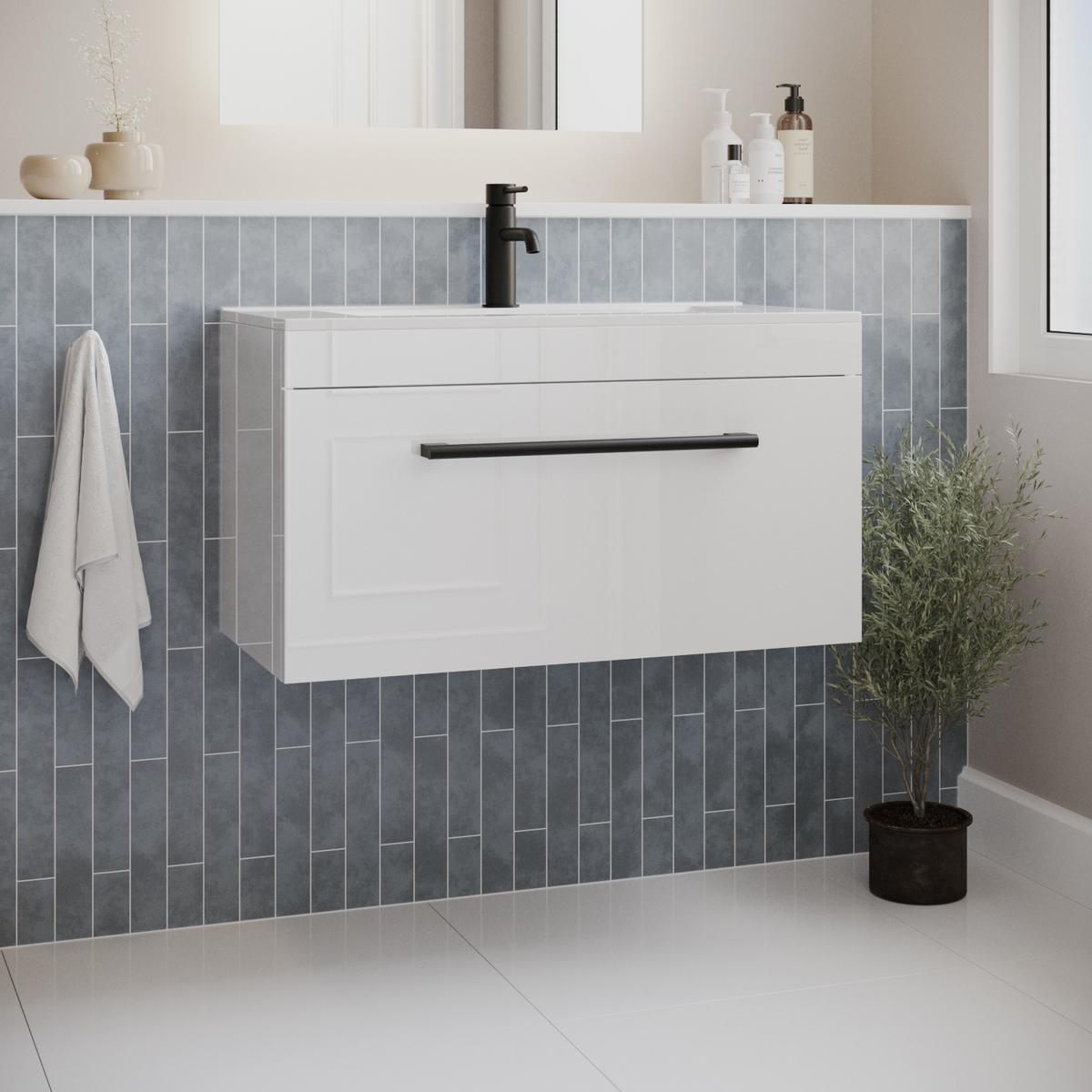 ONLY OPENED - 800mm White Wall Hung Vanity Unit with Basin and Black Handle - Ashford