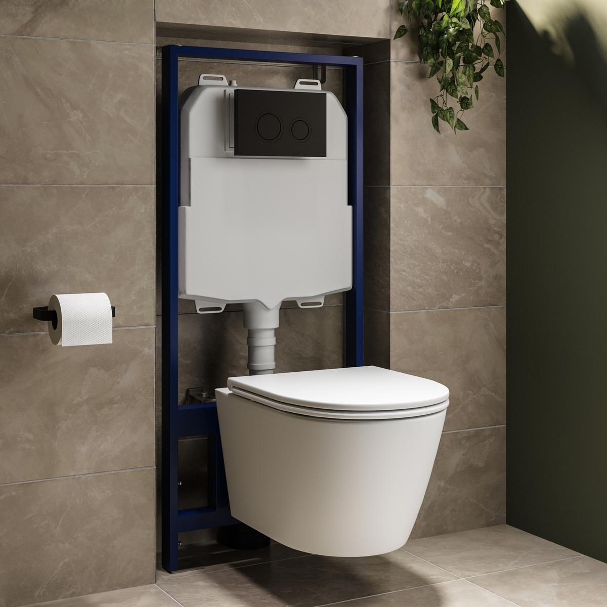 Wall Hung Rimless Toilet with Soft Close Seat, Matt Black Mechanical Flush Plate, 1168mm Frame & Cistern – Newport