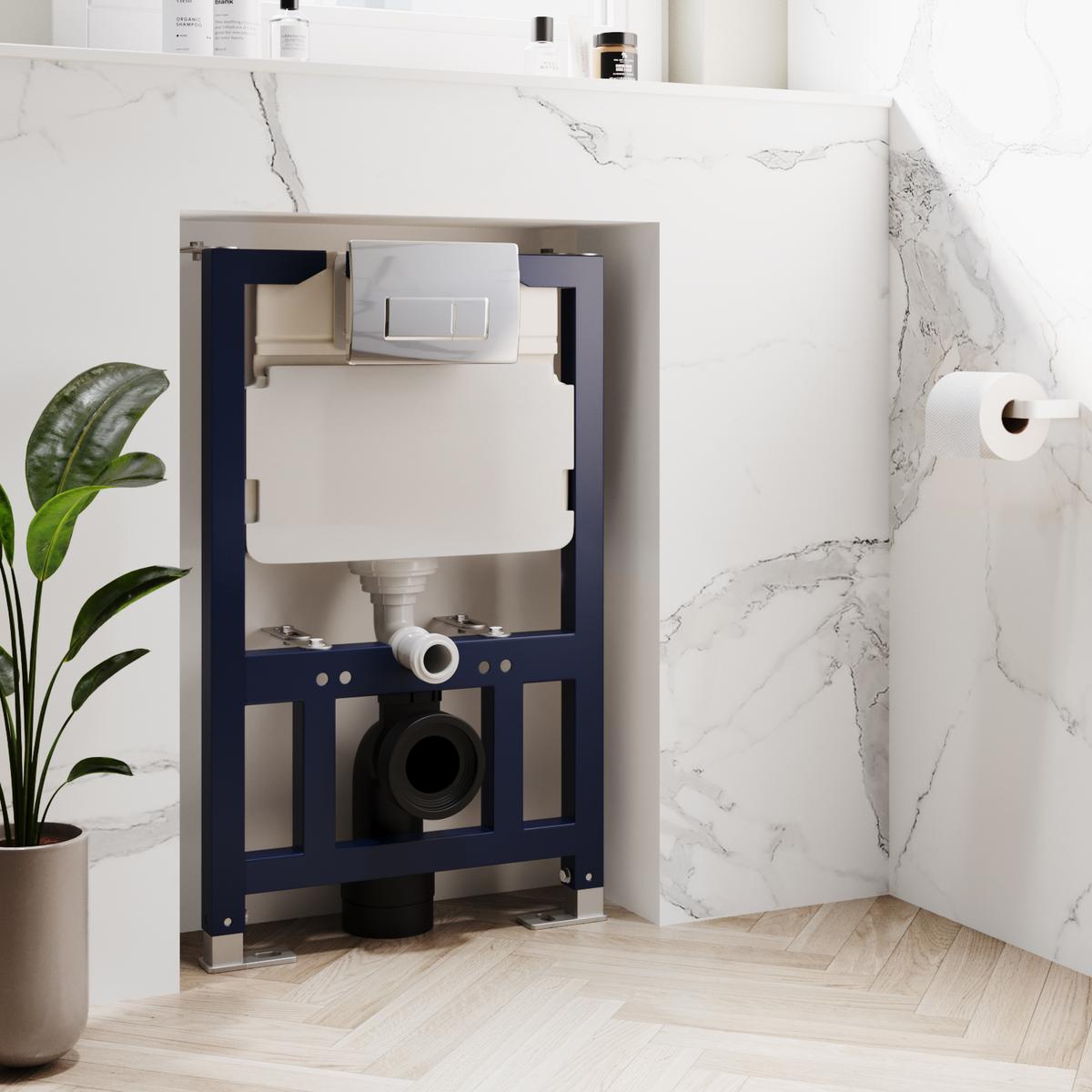 820mm Wall Hung Toilet Frame & Chrome Pneumatic Dual Flush Plate with Concealed Cistern - Elira