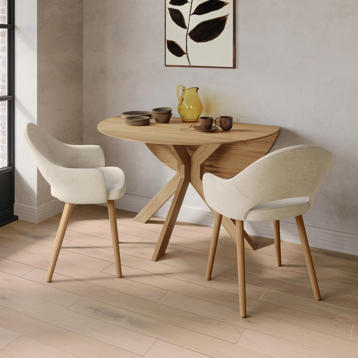 Round Oak Drop Leaf Dining Table Set with 2 Beige Upholstered Chairs - Seats 2 - Carson