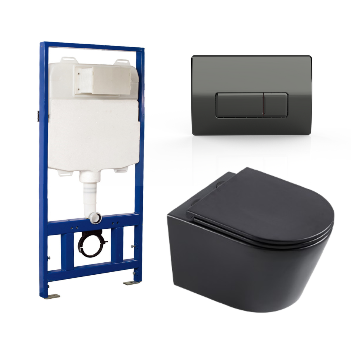 Matt Black Wall Hung Toilet with Soft Close Toilet Seat, Gunmetal Pneumatic Flush Plate, 1168mm Frame & Cistern - Newport