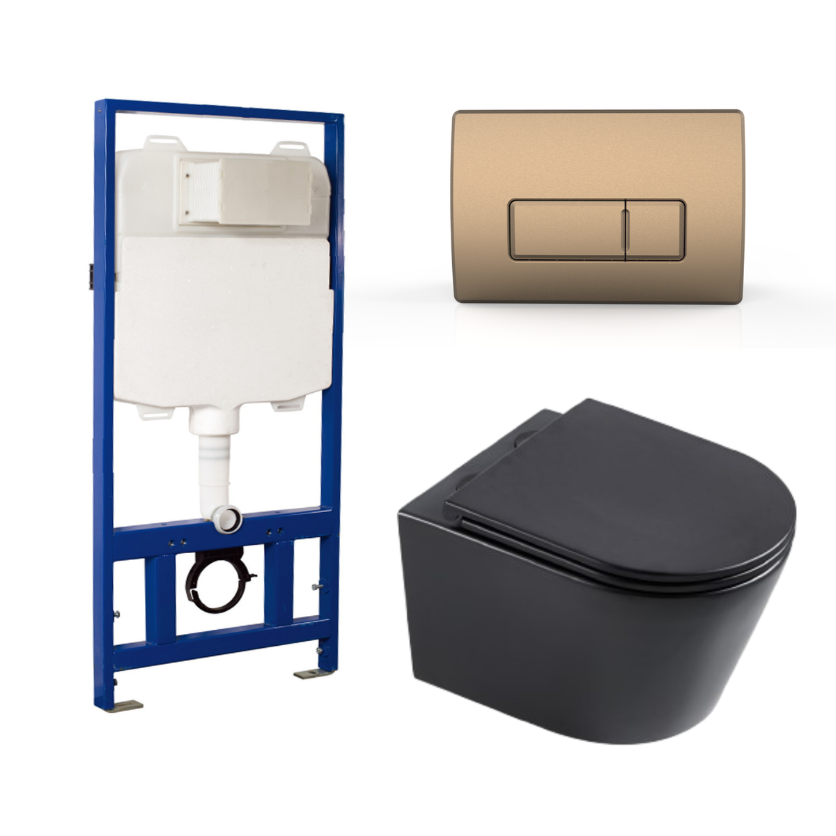 Matt Black Wall Hung Toilet with Soft Close Toilet Seat, Brushed Bronze Pneumatic Flush Plate, 1168mm Frame & Cistern - Newport