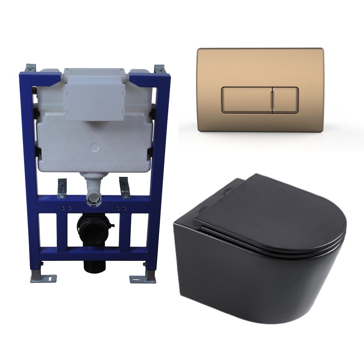 Matt Black Wall Hung Toilet with Soft Close Toilet Seat, Brushed Bronze Pneumatic Flush Plate, 820mm Frame & Cistern - Newport