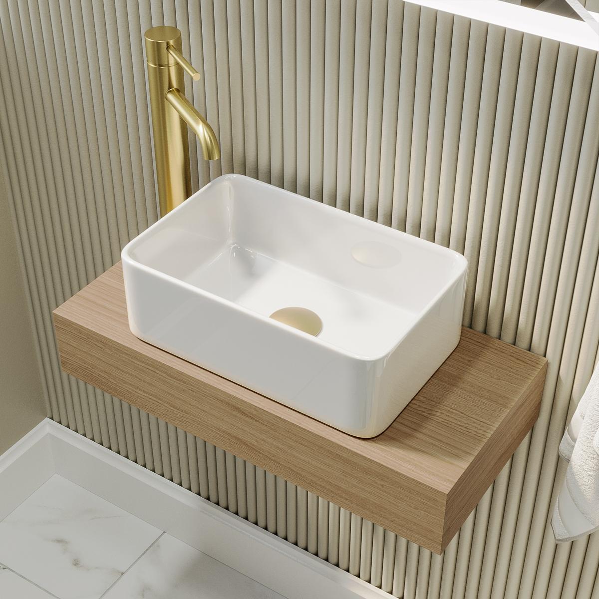 560mm Wood Effect Wall Hung Floating Vanity Shelf and White Basin - Evora