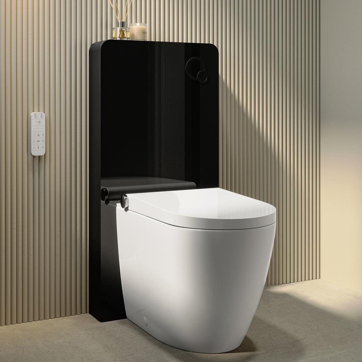 Back to Wall Smart Bidet Japanese Toilet with Black Glass Cabinet, Cistern & Pneumatic Dual Flush Button - Purificare