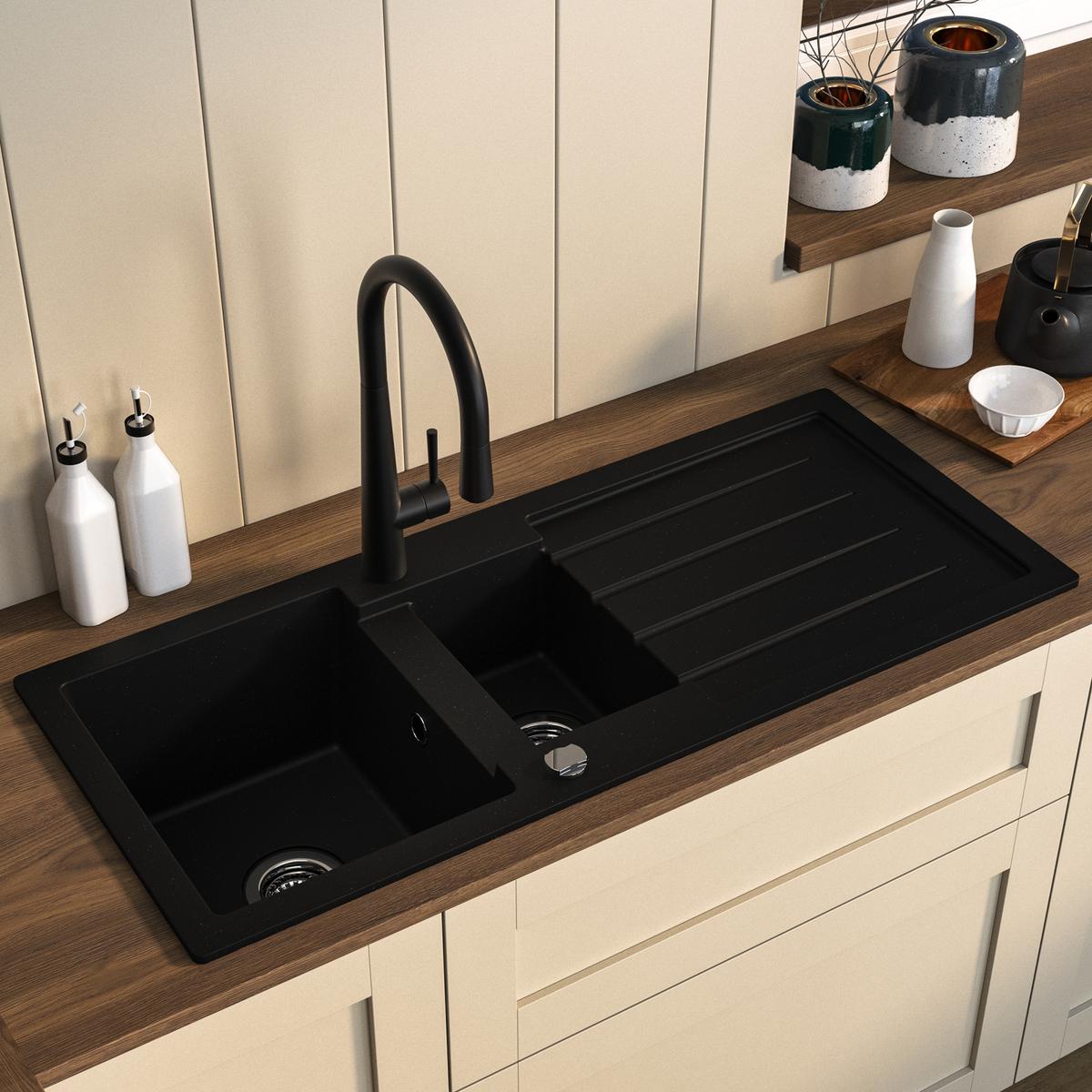 1.5 Bowl Black Inset Composite Kitchen Sink and Reversible Drainer with Black Pull Out Kitchen Tap Set - Enza