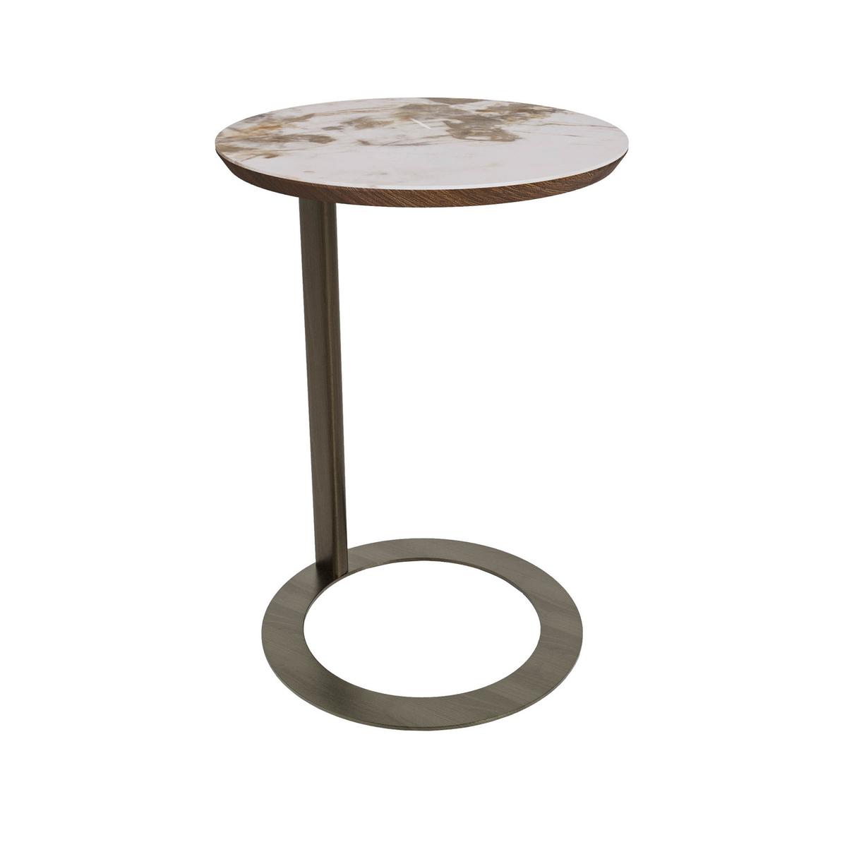Round Side Table with Neutral Marble Effect and Bronze Base - Malia