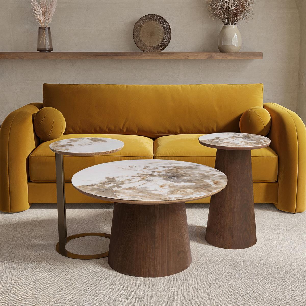 Round Walnut and Neutral Marble Effect Nest of 3 Tables - Malia