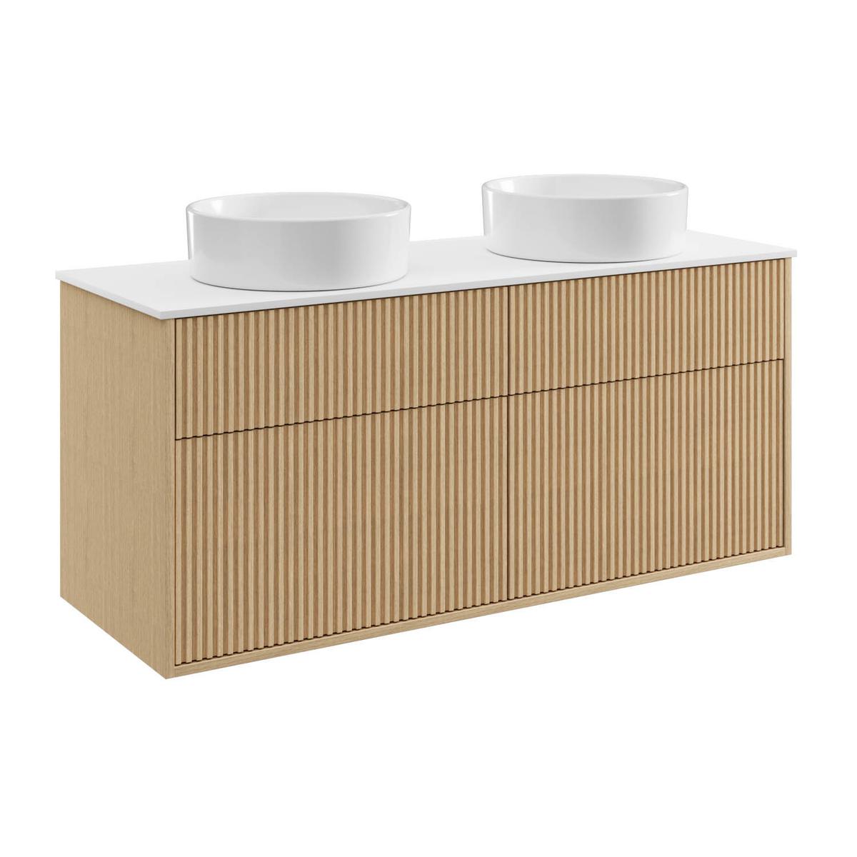 1250mm Wooden Fluted Wall Hung Double Countertop Vanity Unit with Basins - Matira