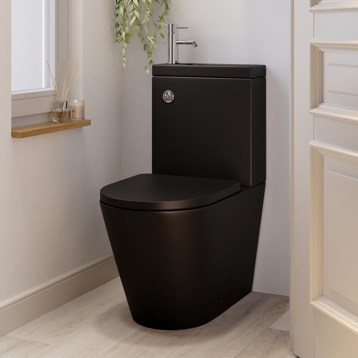 Matt Black Close Coupled Closed Back Toilet with Sink on Top & Chrome Fittings Cloakroom Suite - Legend