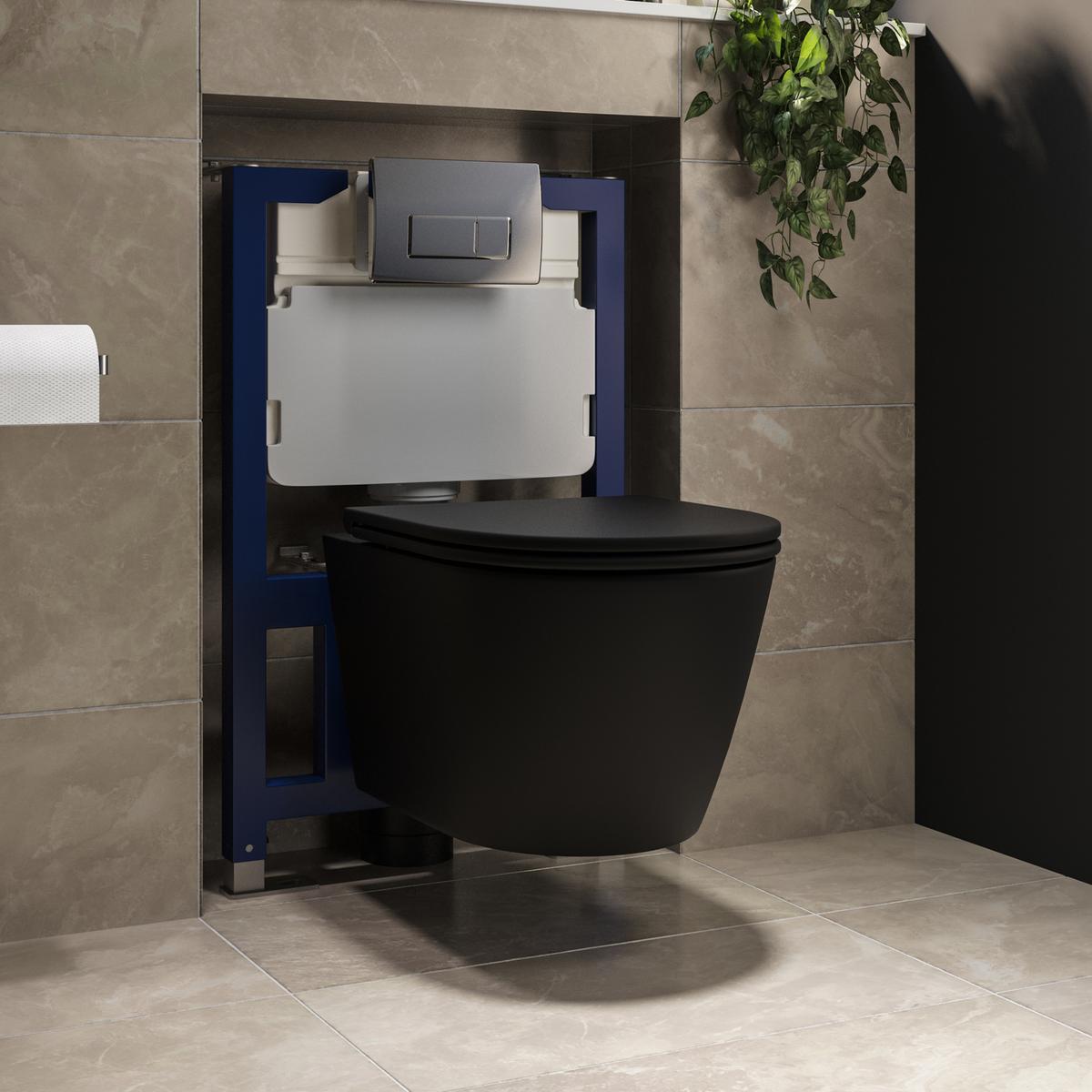 Matt Black Wall Hung Rimless Toilet with Soft Close Seat, Chrome Pneumatic Flush Plate, 820mm Frame & Cistern – Newport
