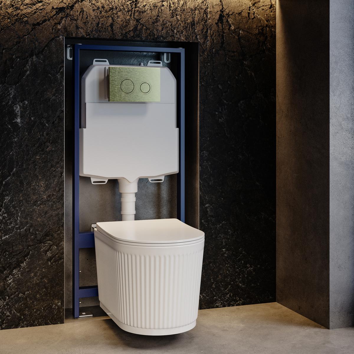 Fluted Wall Hung Rimless Toilet with Soft Close Seat, Brushed Brass Mechanical Flush Plate, 1168mm Frame & Cistern – Oregon