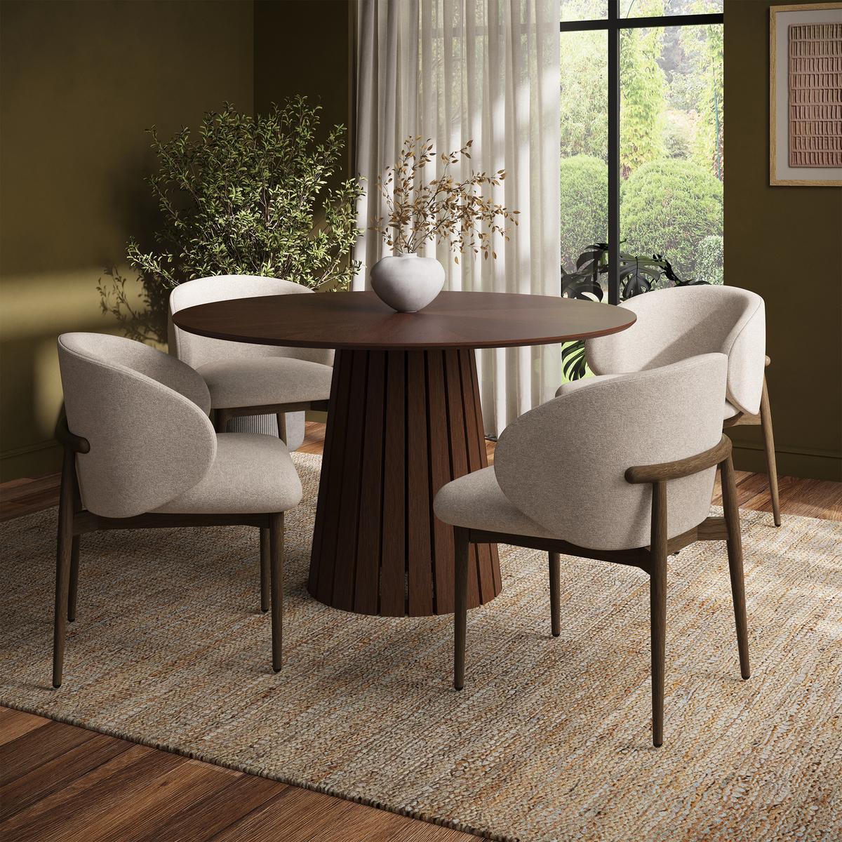 Round Walnut Dining Table Set with 4 Beige Upholstered Curved Dining Chairs - Owen