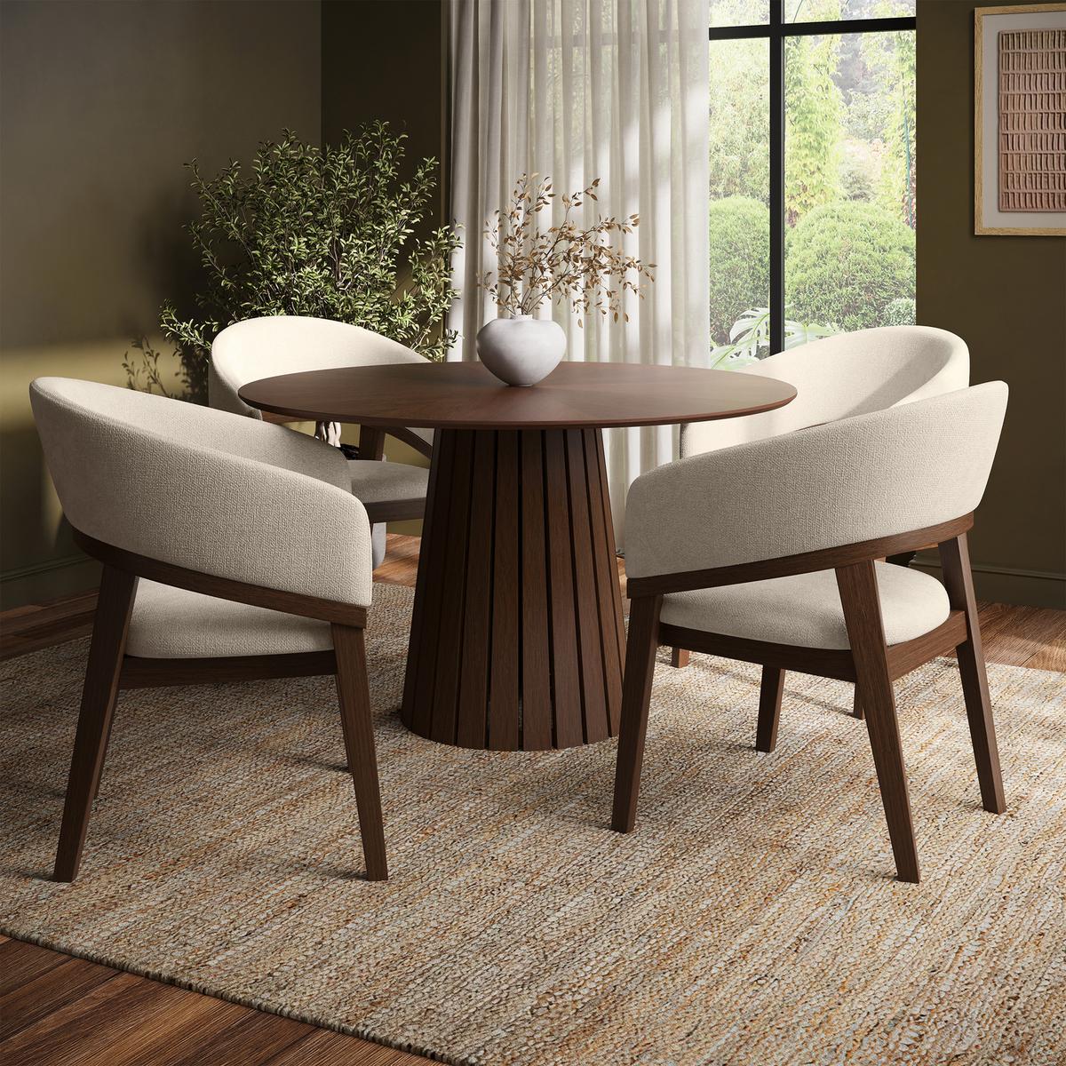 Round Walnut Dining Table Set with 4 Beige Upholstered Chairs - Seats 4 - Owen