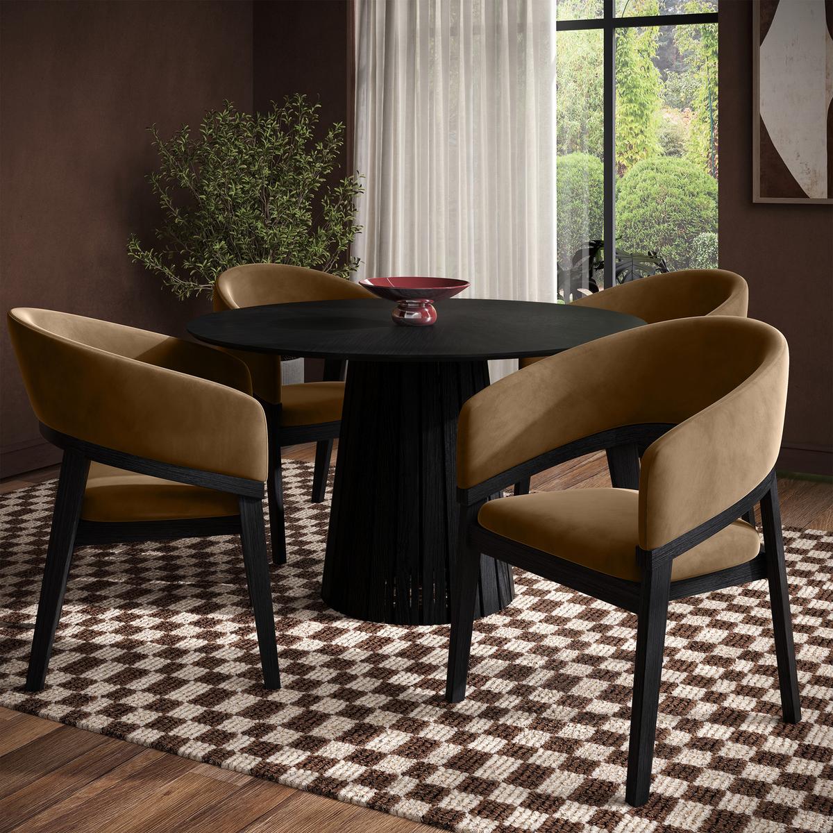 Round Black Dining Table Set with 4 Brown Velvet Chairs - Seats 4 - Owen