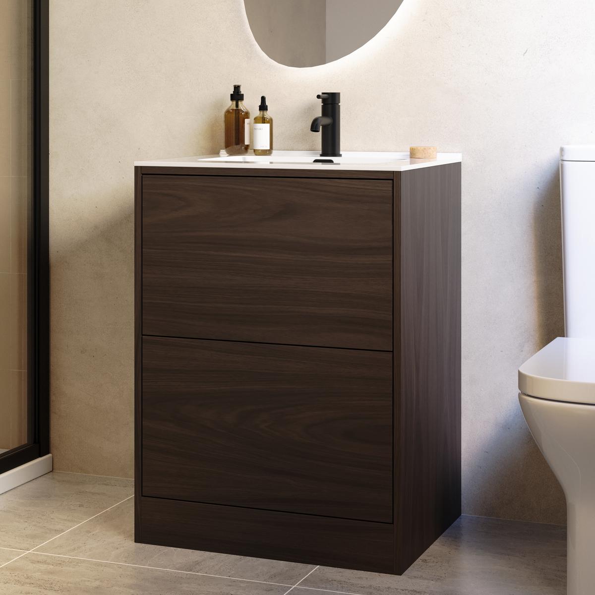 600mm Walnut Effect Freestanding Vanity Unit with Basin - Palma