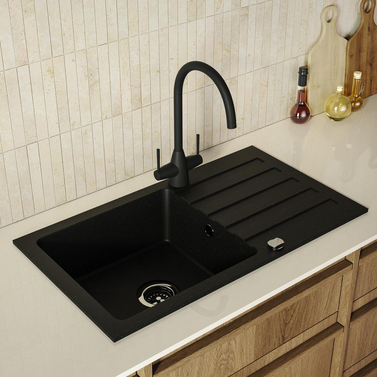 Single Bowl Black Inset Composite Kitchen Sink and Reversible Drainer With Black Dual Lever Mixer Tap set - Enza