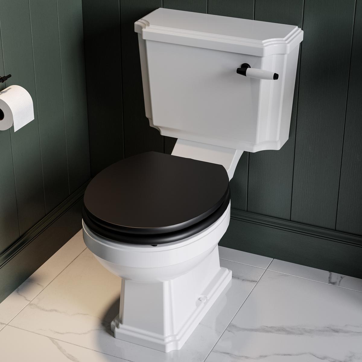 Close Coupled Traditional Toilet with Black Wooden Soft Close Seat & Black Flush Lever - Park Royal