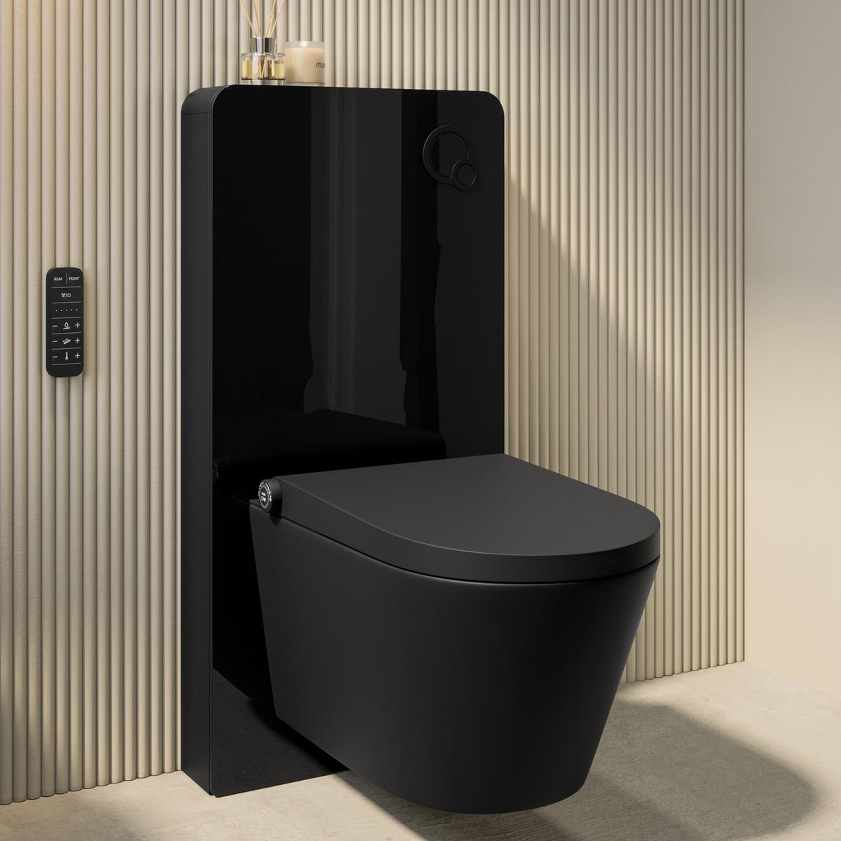 Matt Black Wall Hung Smart Bidet Japanese Toilet With Black Glass Cabinet, Frame, Cistern & Pneumatic Dual Flush Button - Purificare