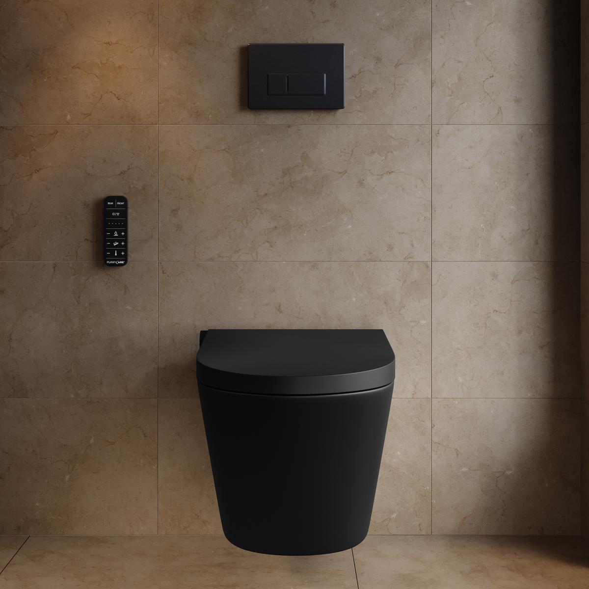 Matt Black Wall Hung Smart Bidet Japanese Toilet & 1160mm Frame Cistern with Matt Black Pneumatic Flush Plate - Purificare